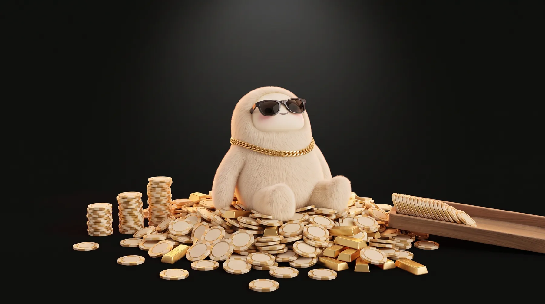 Muse sitting on a pile of chips and gold bars, chip stacks on the left, a tray of chips on the right