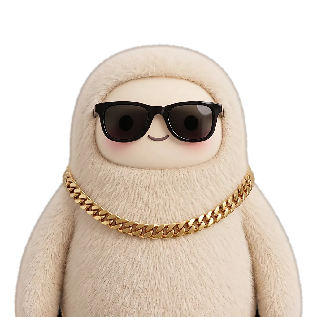 Muse Degen, a plush character in dark sunglasses and a gold chain